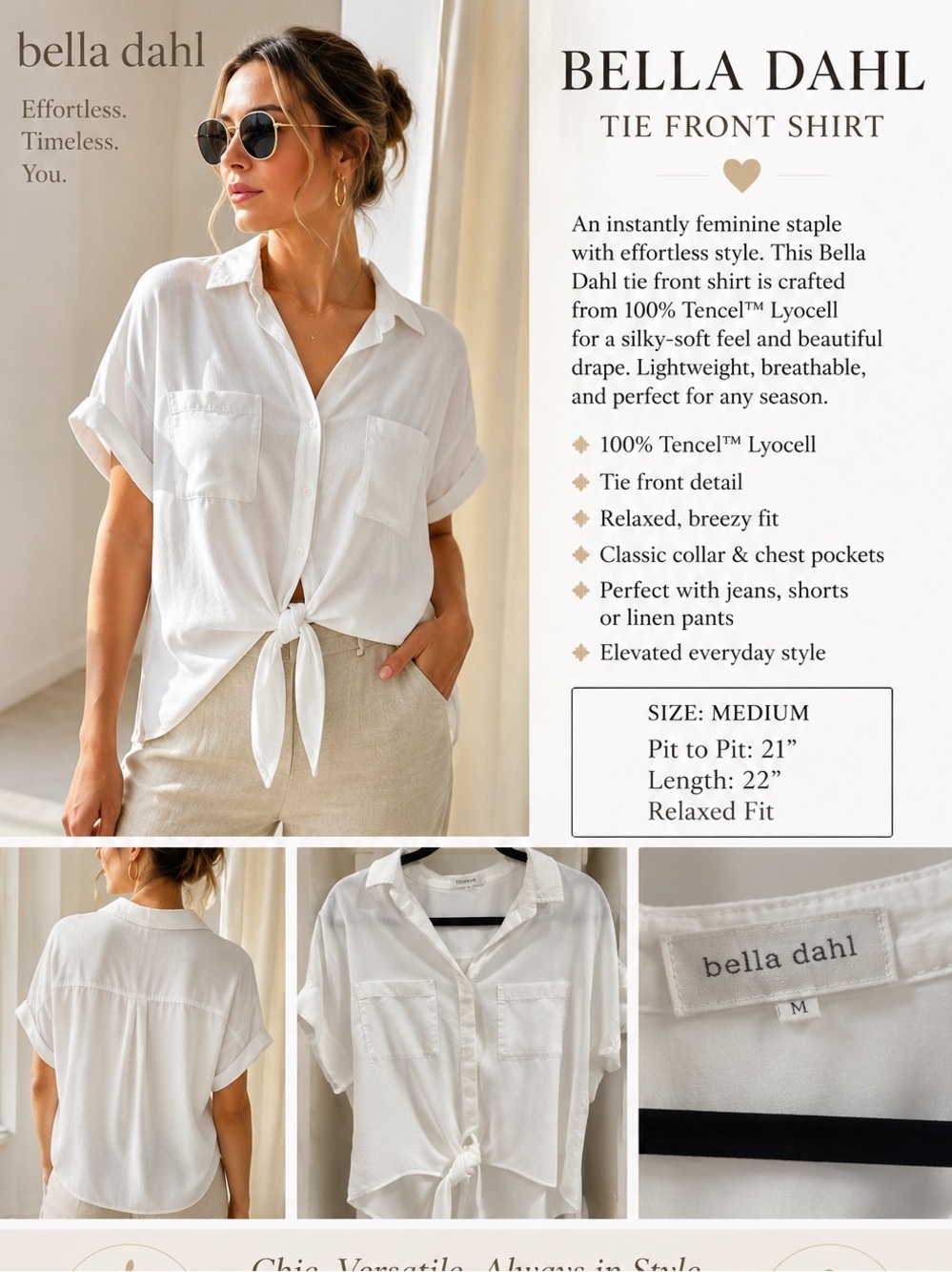 Bella Dahl 100% Tencel Lyocell Tie Front Button-Up Shirt | White | Size M